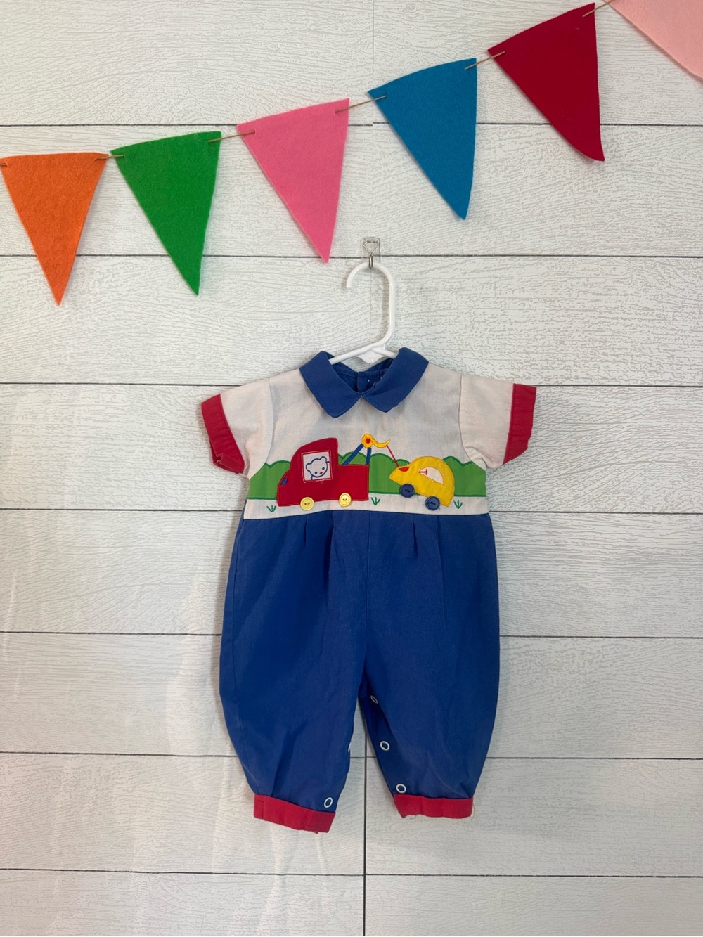 Vintage Blue and White Baby Romper with Car Applique
